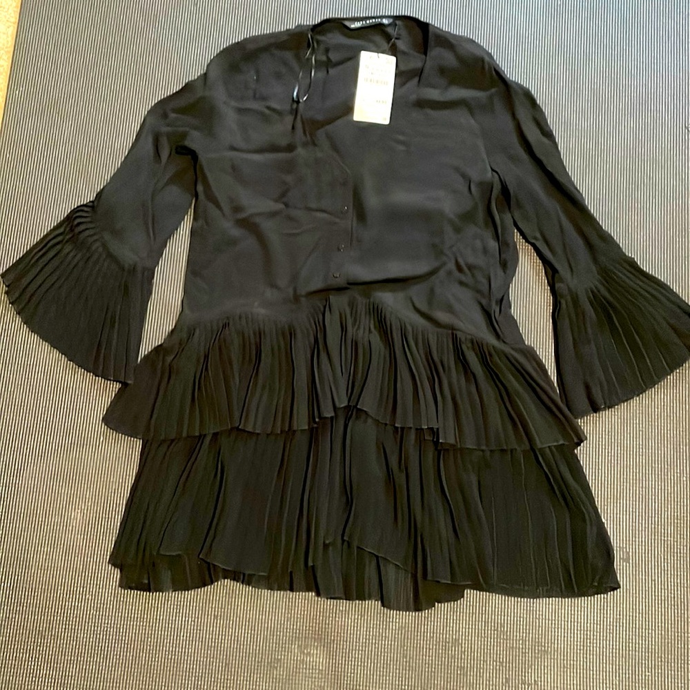 Zara women black mini dress with ruffle detail size S